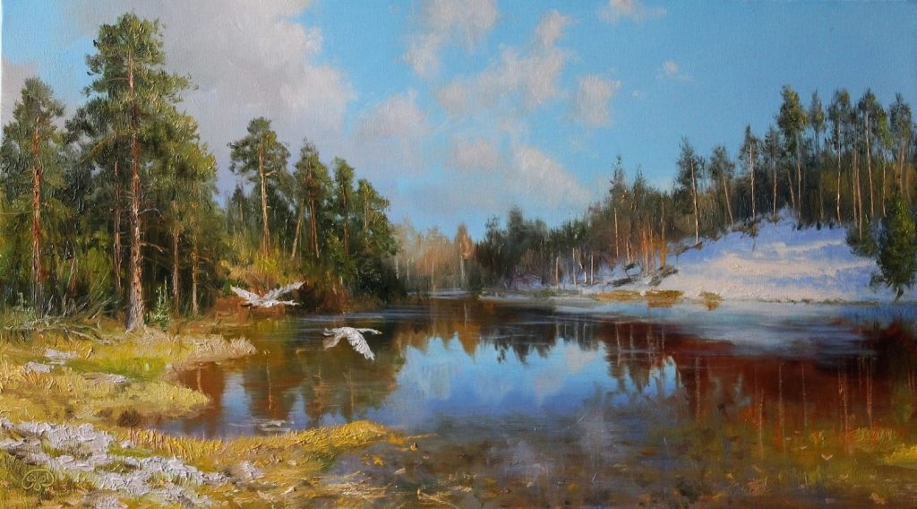 Художник Владимир Жданов. лебеди над Оредежем.