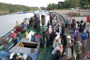 Волонтеры на грузовом теплоходе «Святитель Николай» у валаамского причала