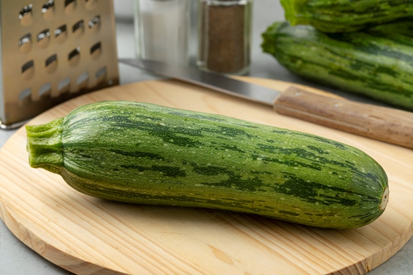 fresh green spotted courgette on a cuttingboard close up - Овощи, бобовые, грибы: полезные советы