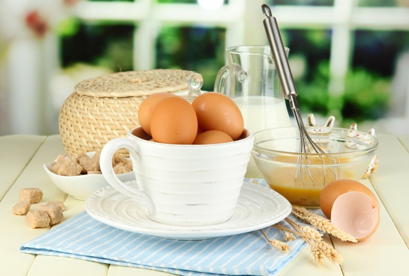 ingredients for dough on wooden table on window surface - Баба тюлевая