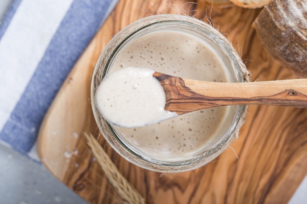 the leaven for bread is active starter sourdough fermented mixture of water and flour to use as leaven for bread baking - Постные блины кислые на картофельном отваре