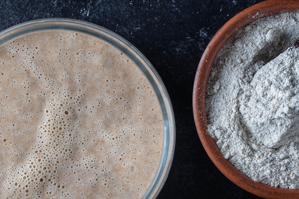 yeastfree sourdough bread flour water and glass jar with dough leaven on the table preparing yeast dough for bread - Квас из брусники