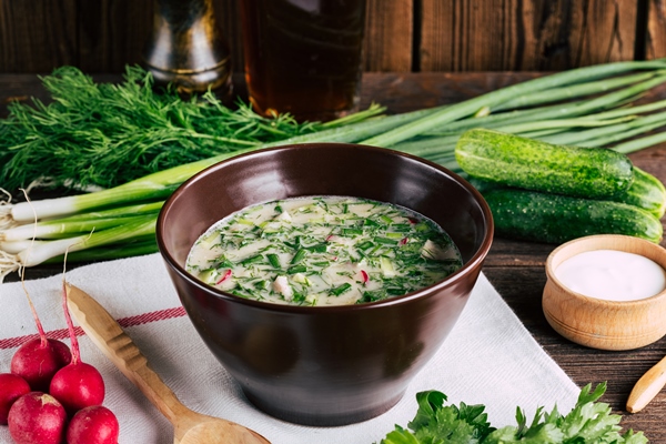 Окрошка со сливами russian cold soup with kvass cucumbers okroshka - Окрошка со сливами