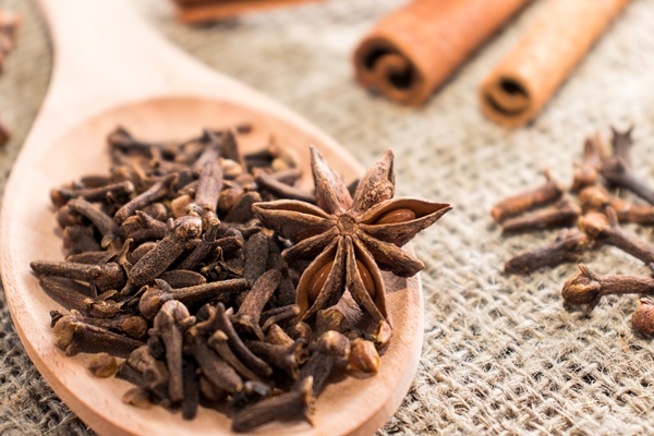 anise star and cinnamon sticks on wooden spoon - Сбитень с перцем