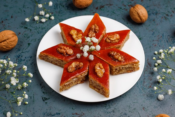 azerbaijan national pastry pakhlava on white plate top view spring new year celebration novruz holiday - Пахлава