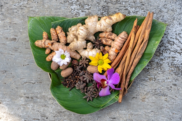 fragrant spices on a green leaf closeup top view indonesia - Итальянский рождественский пирог "Панфорте"