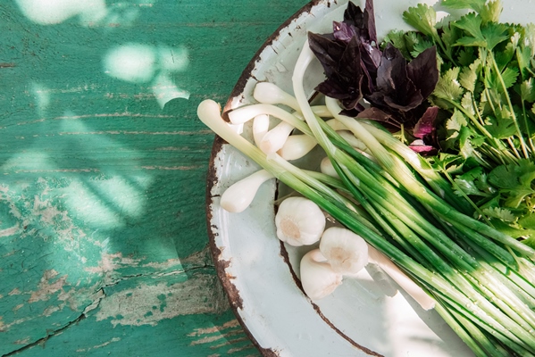 healthy food background fresh parsley basil garlic green onions rustic authentic plate over old wooden texture top view copy space - Постные оладьи из кабачков