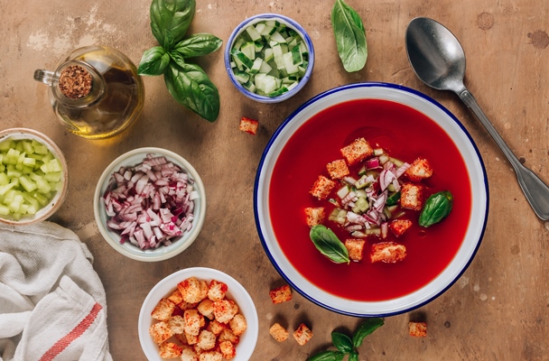 spanish summer cold soup gazpacho with vegetables on beige rustic background top view vertical photo 1 - Гаспачо