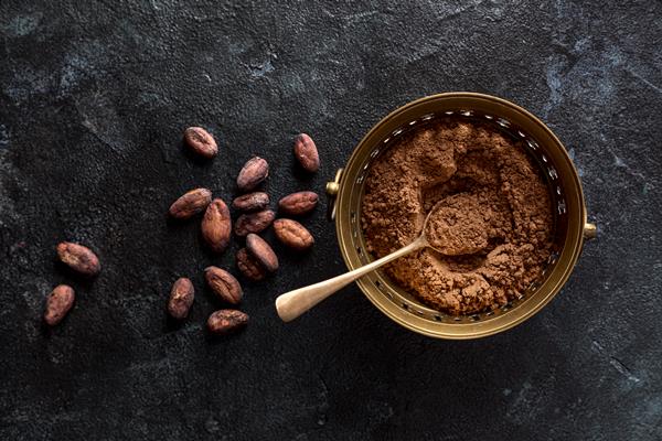 top view of bowl with cocoa powder and cocoa beans - Урбеч с какао и финиками