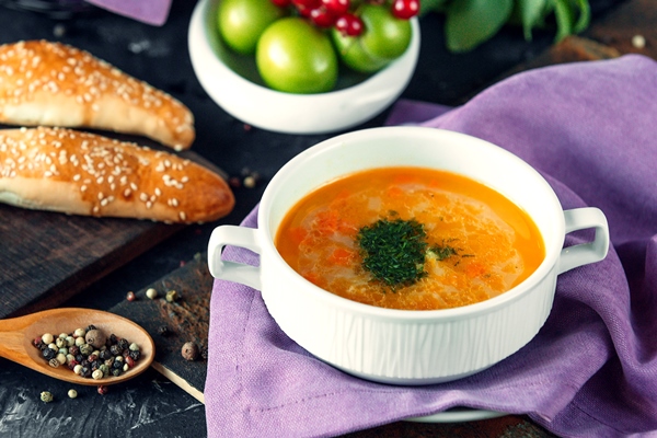 vegetable soup with chopped herbs and bakery - Монастырский суп рыбный с репой
