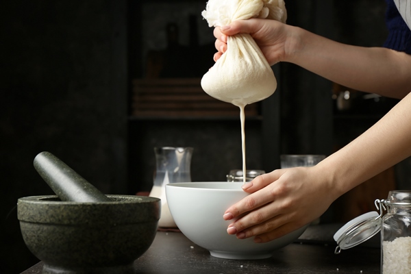 Рисовое молоко двумя способами woman making healthy rice milk in kitchen - Рисовое молоко двумя способами