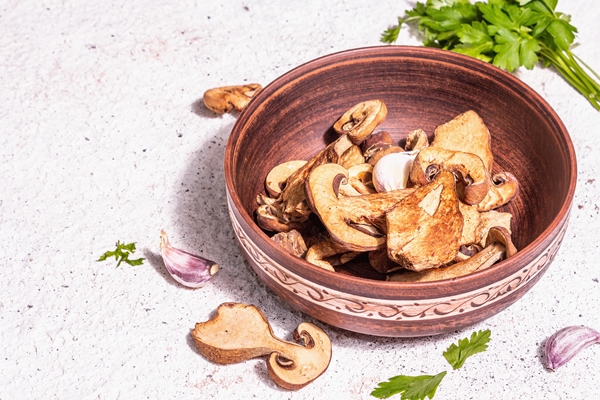 dried mushrooms boletus edulis penny bun cep porcini on textured plaster background ingredient for vegetarian vegan healthy food a trendy hard light dark shadow close up - Грибной суп с соленьями в горшочках