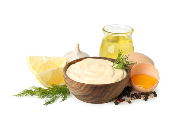 bowl of mayonnaise and ingredients for cooking isolated on white background - Глостерский соус (английская кухня)