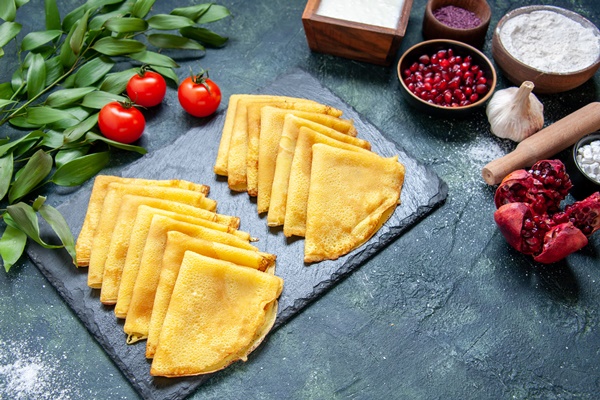 Начинка для блинчиков "Четыре сыра" front view delicious pancakes dark blue color pastry bake oven pie cake dough breakfast meat - Начинка для блинчиков "Четыре сыра"