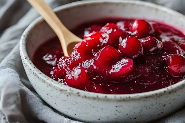 bowl cranberry sauce with wooden spoon it 1 - Варенье из брусники с яблоками