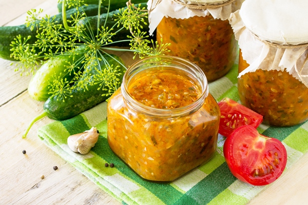 caviar vegetables kitchen wooden background homemade preserving copy space - Икра из кабачков