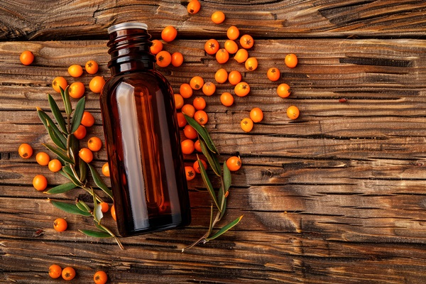 sea buckthorn essential oil bottle selective focus - Масло из облепихи по-домашнему
