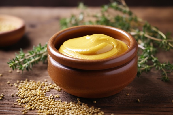 bowl mustard sits wooden table with some sprigs thyme - Столовая горчица