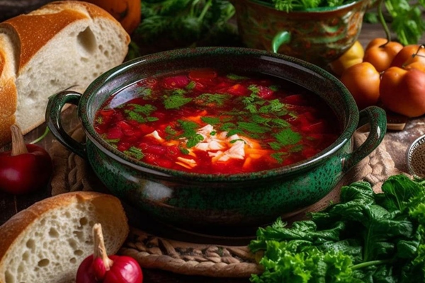 Борщ по-флотски bowl soup with bread radish side kopiya - Борщ по-флотски