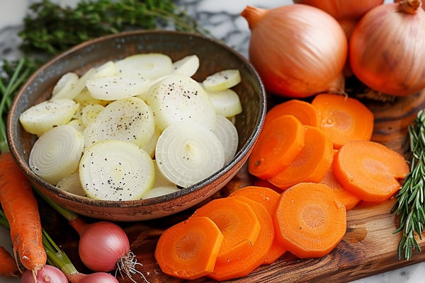 Как сделать пассерованные овощи золотистыми fresh sliced carrots onions with whole onions herbs - Как сделать пассерованные овощи золотистыми