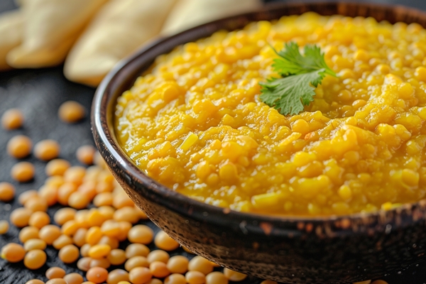 indian dal spicy curry bowl spices herbs rustic black wooden table - Гороховая каша по-индийски