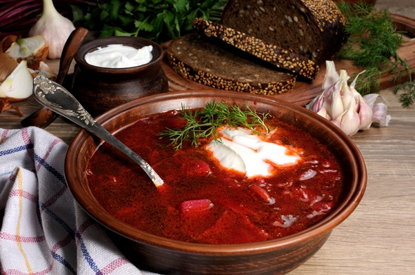 Борщ галицкий vegetable beetroot soup table with slices rye cereal bread gluten sour cream - Борщ галицкий