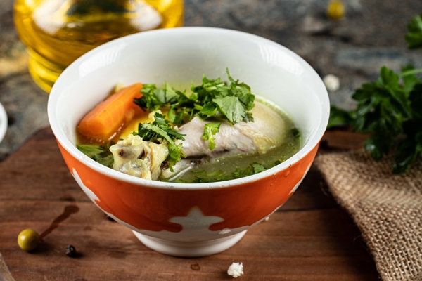 broth soup with herbs potato carrot red bowl - Куриный рассольник (старинный рецепт)