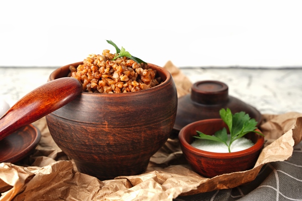 pot buckwheat porridge boiled eggs balanced nutrition anti crisis food diet healthy lunch lunch rustic style high quality photo - Каша гречневая на грибном бульоне (старинный рецепт)