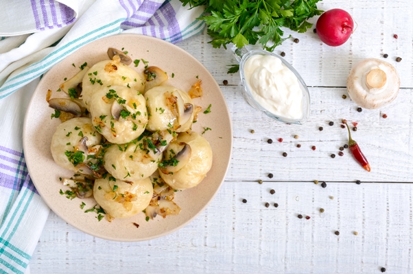 dumplings with meat mushrooms bowl - Картофельные клёцки с крупой