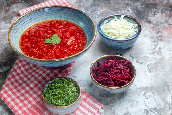 front view delicious borsch ukrainian beet soup inside plate white table - Ореховый постный "борщ"