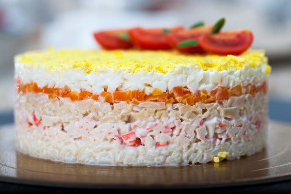 salad mixed ingredients stacked several layers - Салат "Царская шуба" с красной рыбой