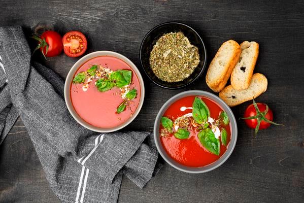 flat lay composition with delicious local food meal - Гаспачо по-испански