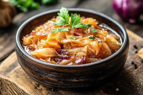 Бигос с грибами без масла stewed braised cabbage served bowl background - Бигос с грибами без масла