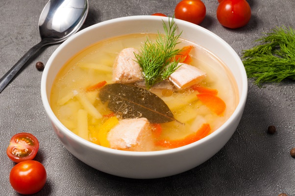 Уха из форели fish soup with salmon potatoes white bowl - Уха из форели