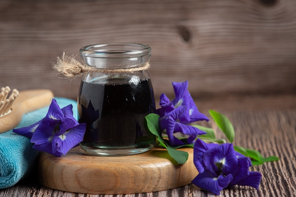 stakan caa butterfly pea flower na derevannom podnose - Черничный сок с мякотью