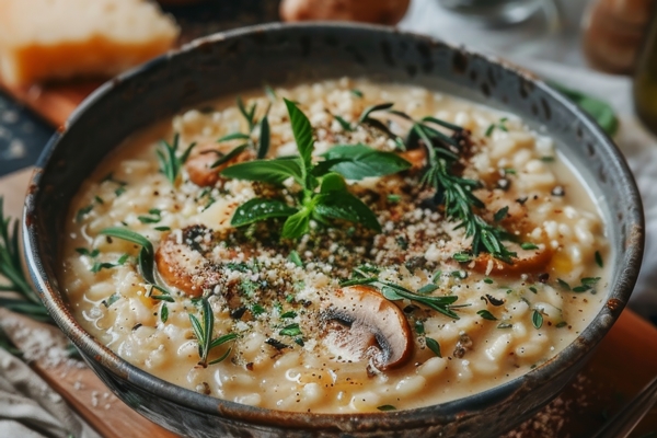 Грибовница с перловкой bogatoe i kremovoe rizotto s gribami pokrytoe svezimi travami i parmezanskim syrom - Грибовница с перловкой