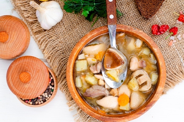 vkusnyi domasnii sup s lesnymi gribami studiinoe foto - Губница уральская