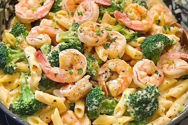 Макароны с креветками и сырным соусом araffe shrimp pasta with broccoli cheese skillet generative ai kopiya - Макароны с креветками и сырным соусом