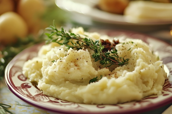 closeup mashed potatoes with herbs festive thanksgiving plate - Картофельное пюре с капустой и луком