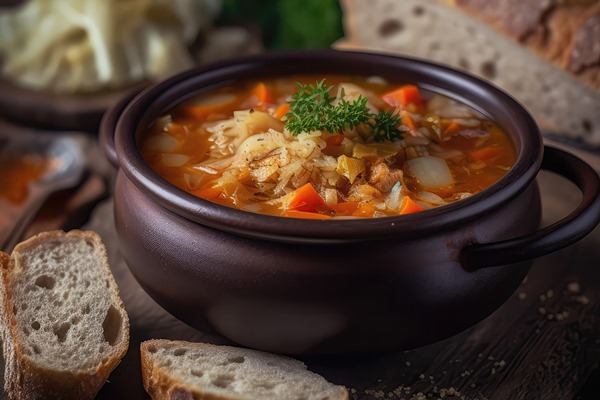hutsul kapusniak cabbage soup on stone in rustic pub ukrainian dishes generative ai - Капустняк с квашеной капустой и пшеном