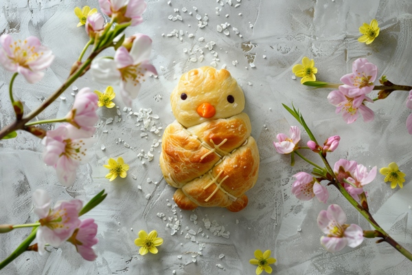 overhead view easter chick made from hot cross buns 2 - Жаворонки из постного дрожжевого теста на картофельном отваре