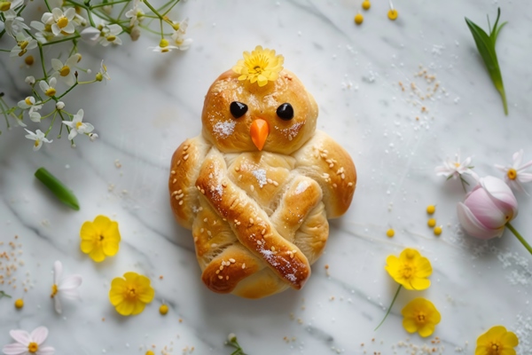 Жаворонки на аквафабе опарным способом overhead view easter chick made from hot cross buns - Жаворонки на аквафабе опарным способом