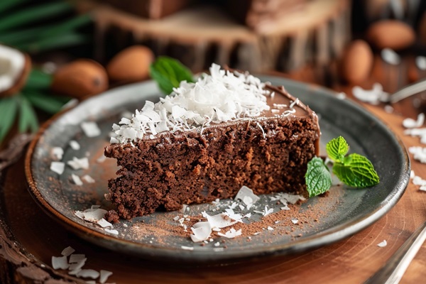 plate chocolate cake with coconut coconut it - Шоколадный пирог на кокосовом молоке