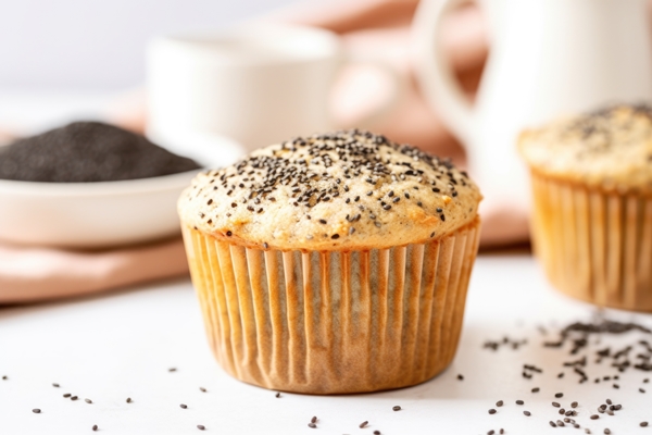 poppy seed muffin with scattered seeds around it - Постный кекс из полбяной муки с семенами чиа