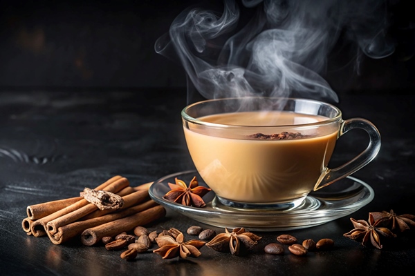steaming cup masala chai with spices coffee beans dark surface - Кофе на кокосовом молоке