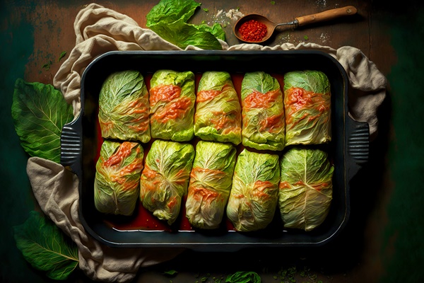 stuffed cabbage rolls laid out on baking sheet in green cabbage leaves - Постные голубцы с соевым фаршем