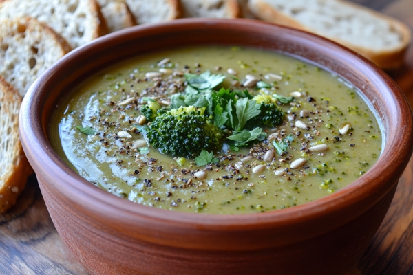 vegan broccoli cream soup garnished with sprinkle black pepper fresh herbs - Постный суп из брокколи и горошка с семенами чиа и миндалём